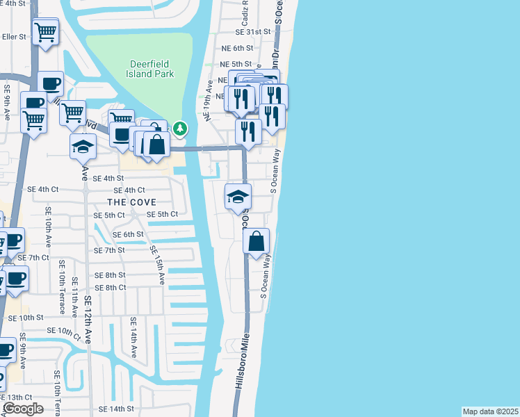 map of restaurants, bars, coffee shops, grocery stores, and more near 330 South Ocean Drive in Deerfield Beach