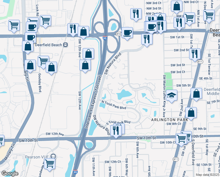 map of restaurants, bars, coffee shops, grocery stores, and more near 411 Southwest Natura Avenue in Deerfield Beach