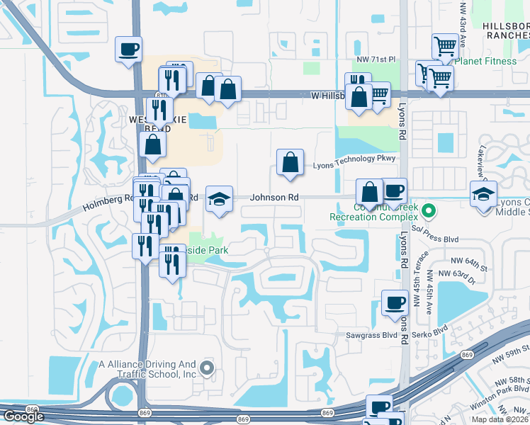 map of restaurants, bars, coffee shops, grocery stores, and more near 5101 Heron Place in Coconut Creek