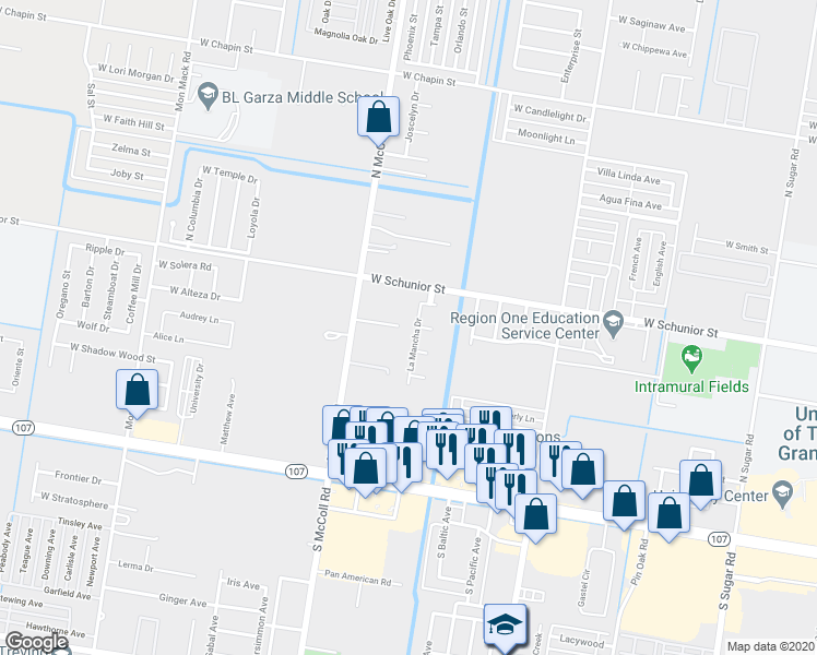map of restaurants, bars, coffee shops, grocery stores, and more near 607 La Mancha Drive in Edinburg