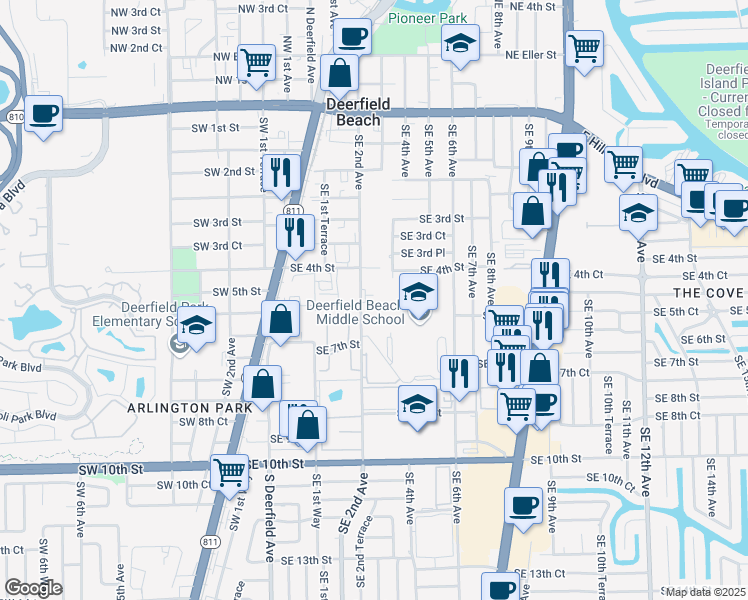 map of restaurants, bars, coffee shops, grocery stores, and more near 440 Southeast 2nd Avenue in Deerfield Beach