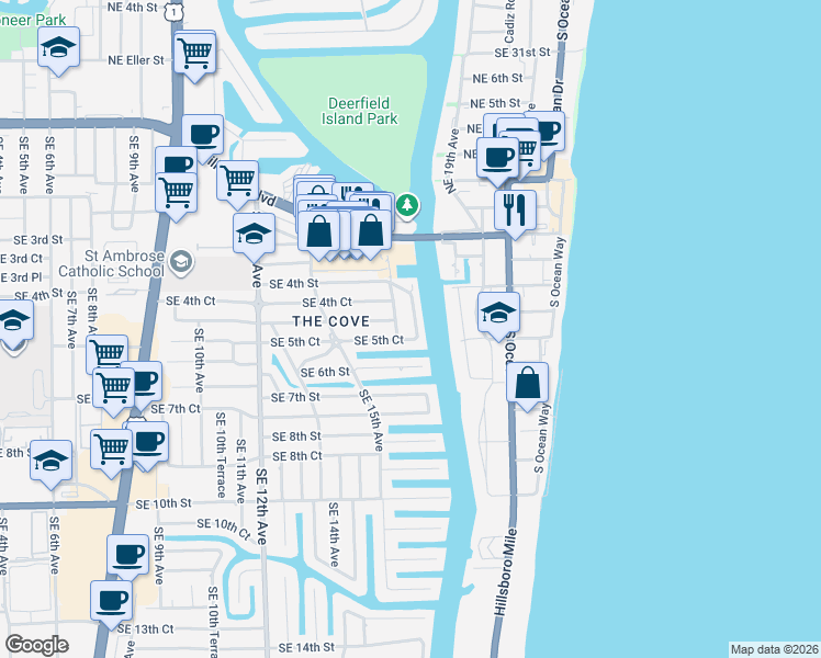 map of restaurants, bars, coffee shops, grocery stores, and more near 510 Southeast 17th Avenue in Deerfield Beach
