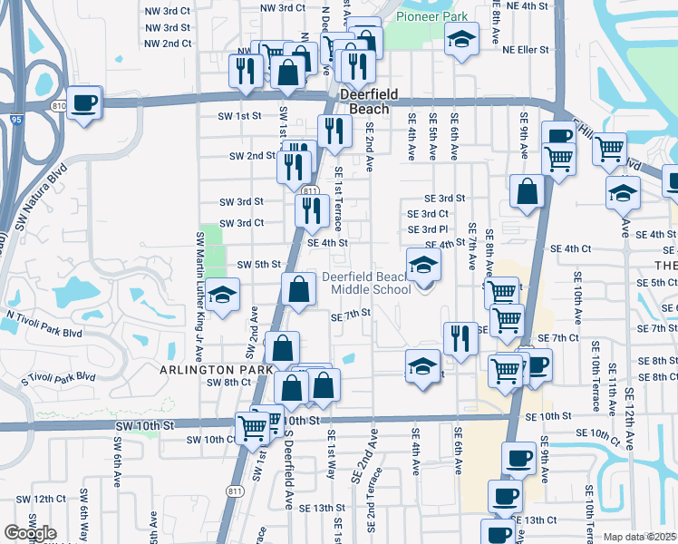 map of restaurants, bars, coffee shops, grocery stores, and more near 155 Southeast 5th Court in Deerfield Beach