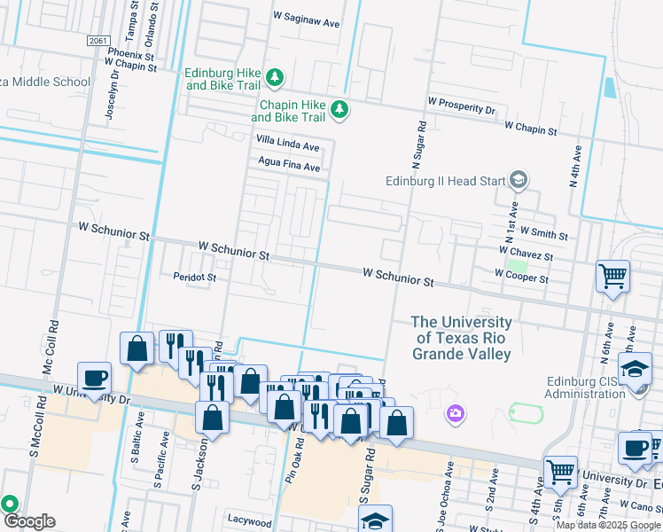 map of restaurants, bars, coffee shops, grocery stores, and more near 1809 West Schunior Street in Edinburg