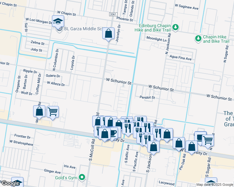 map of restaurants, bars, coffee shops, grocery stores, and more near 2809 Anacua Drive in Edinburg