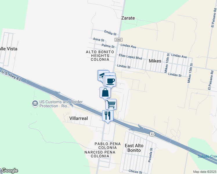 map of restaurants, bars, coffee shops, grocery stores, and more near 753 Farm to Market Road 2360 in Rio Grande City