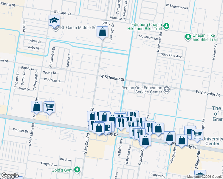 map of restaurants, bars, coffee shops, grocery stores, and more near 607 La Mancha Drive in Edinburg