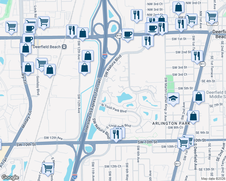 map of restaurants, bars, coffee shops, grocery stores, and more near 608 Southwest Natura Boulevard in Deerfield Beach