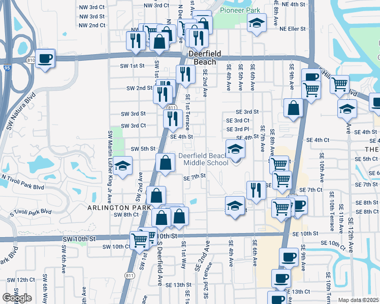 map of restaurants, bars, coffee shops, grocery stores, and more near 155 Southeast 5th Court in Deerfield Beach