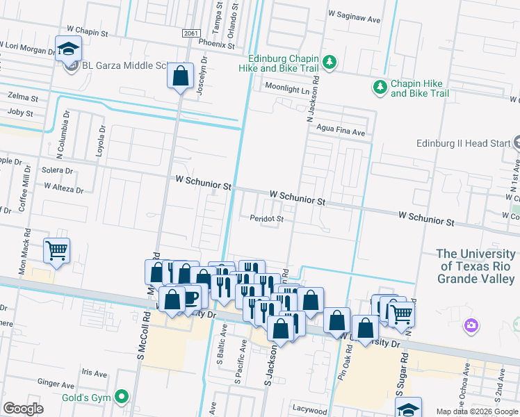map of restaurants, bars, coffee shops, grocery stores, and more near 702 Jade Street in Edinburg