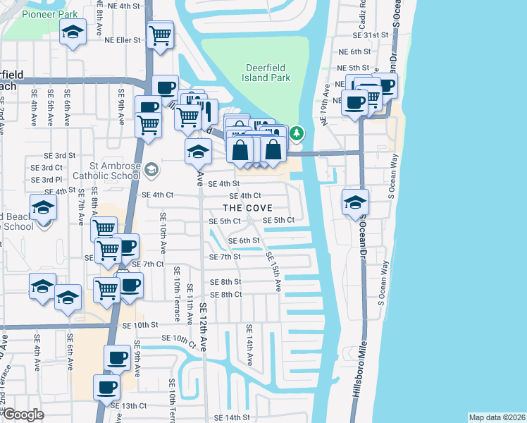 map of restaurants, bars, coffee shops, grocery stores, and more near 1597 Southeast 5th Street in Deerfield Beach