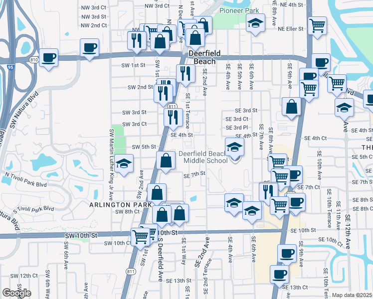 map of restaurants, bars, coffee shops, grocery stores, and more near 155 Southeast 5th Court in Deerfield Beach
