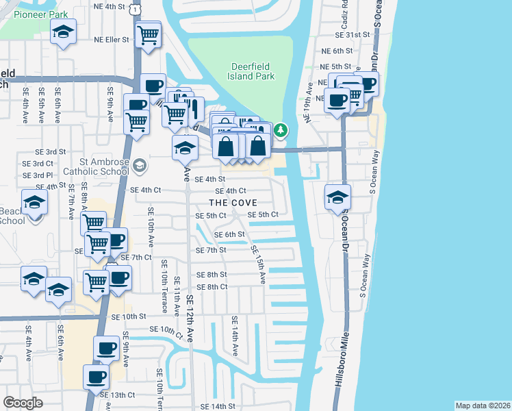 map of restaurants, bars, coffee shops, grocery stores, and more near 1597 Southeast 5th Street in Deerfield Beach