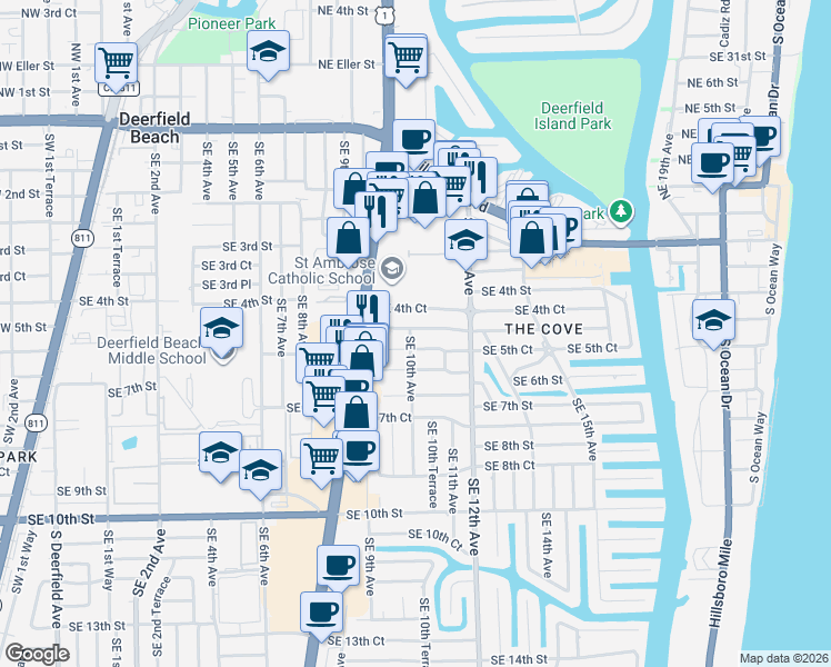 map of restaurants, bars, coffee shops, grocery stores, and more near 1004 Southeast 5th Street in Deerfield Beach