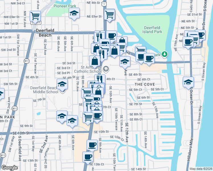 map of restaurants, bars, coffee shops, grocery stores, and more near 500 South Federal Highway in Deerfield Beach