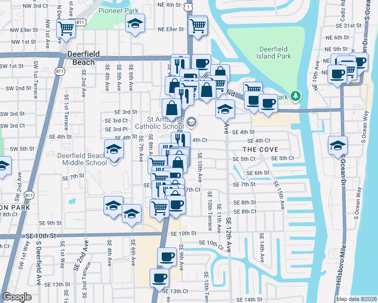 map of restaurants, bars, coffee shops, grocery stores, and more near 500 South Federal Highway in Deerfield Beach