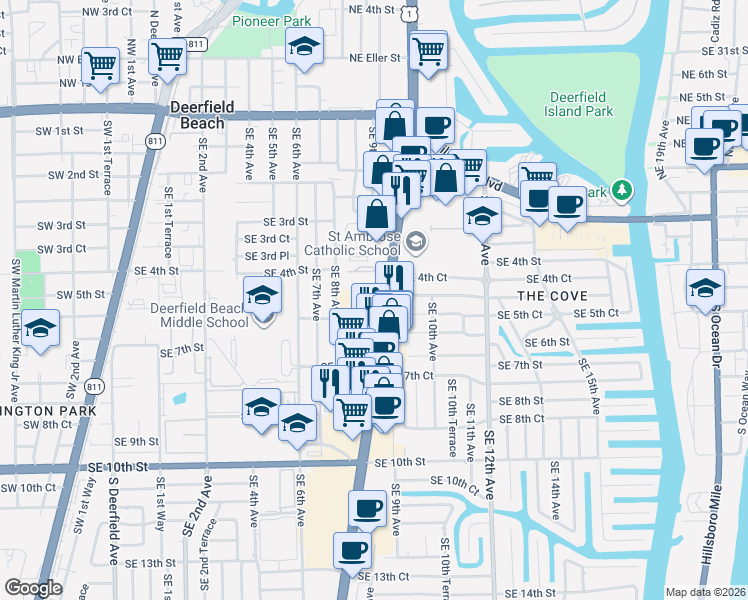 map of restaurants, bars, coffee shops, grocery stores, and more near 455 South Federal Highway in Deerfield Beach