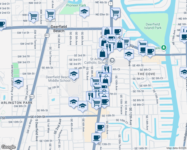map of restaurants, bars, coffee shops, grocery stores, and more near 501 Southeast 8th Avenue in Deerfield Beach