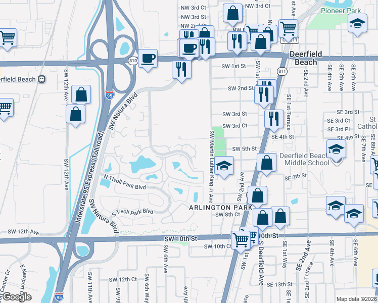 map of restaurants, bars, coffee shops, grocery stores, and more near 548 Southwest Natura Avenue in Deerfield Beach