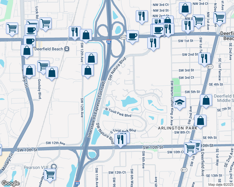 map of restaurants, bars, coffee shops, grocery stores, and more near 411 Southwest Natura Avenue in Deerfield Beach