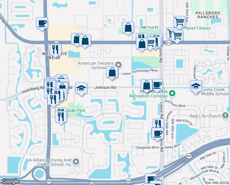 map of restaurants, bars, coffee shops, grocery stores, and more near 5009 Heron Place in Coconut Creek