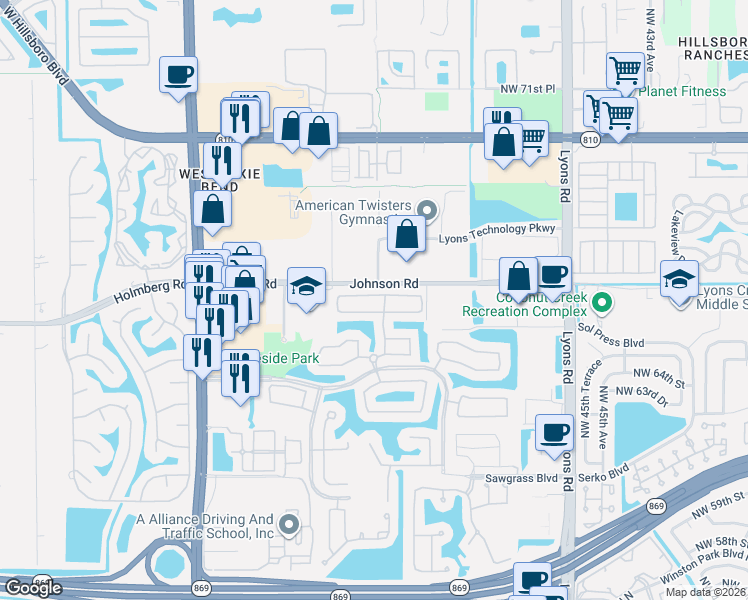map of restaurants, bars, coffee shops, grocery stores, and more near 5101 Heron Place in Coconut Creek
