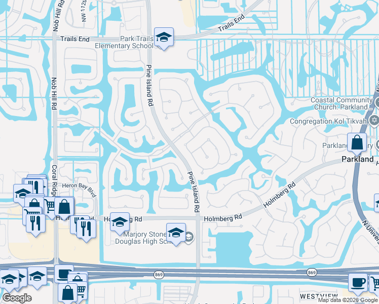 map of restaurants, bars, coffee shops, grocery stores, and more near 6563 Northwest 105th Terrace in Parkland