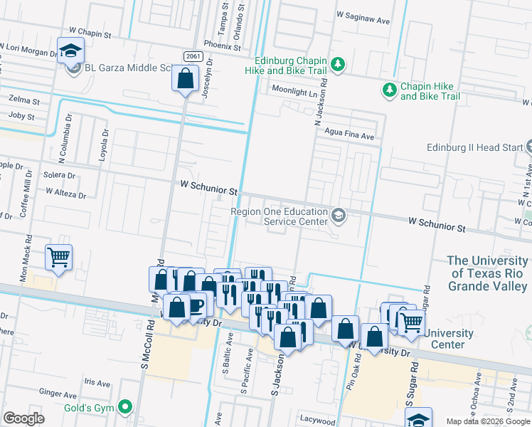 map of restaurants, bars, coffee shops, grocery stores, and more near 703 Agate Street in Edinburg