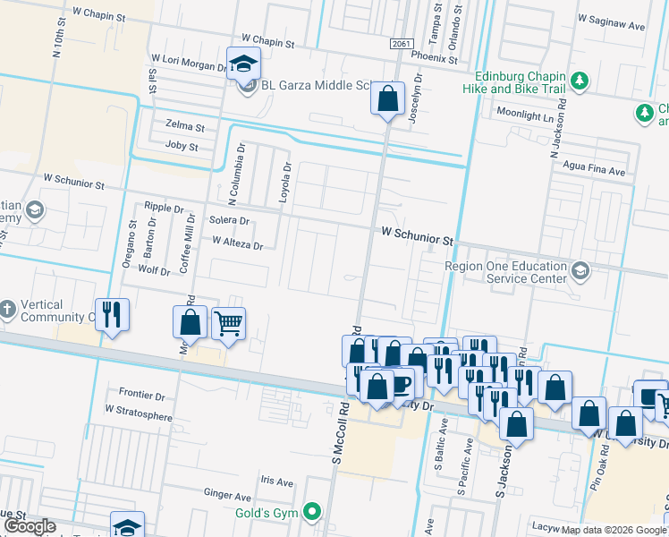 map of restaurants, bars, coffee shops, grocery stores, and more near 515 North McColl Road in Edinburg