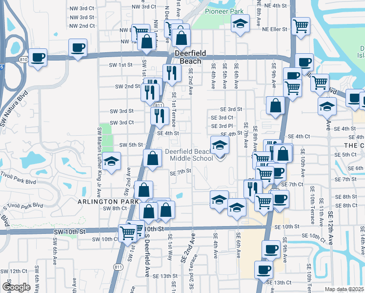map of restaurants, bars, coffee shops, grocery stores, and more near 411 Southeast 2nd Street in Deerfield Beach