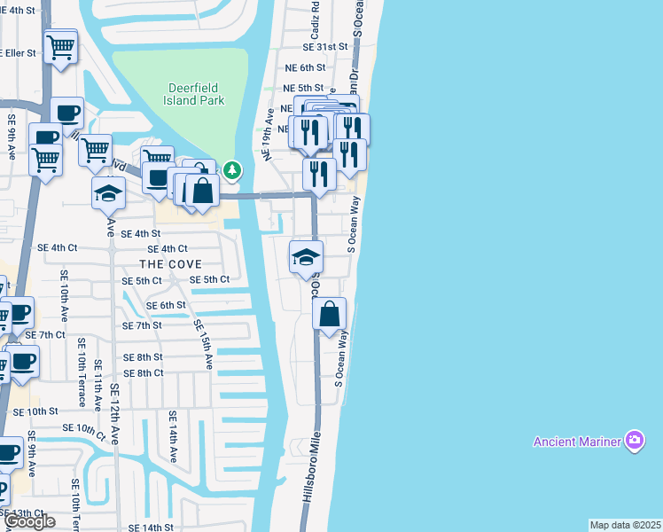 map of restaurants, bars, coffee shops, grocery stores, and more near 330 South Ocean Drive in Deerfield Beach