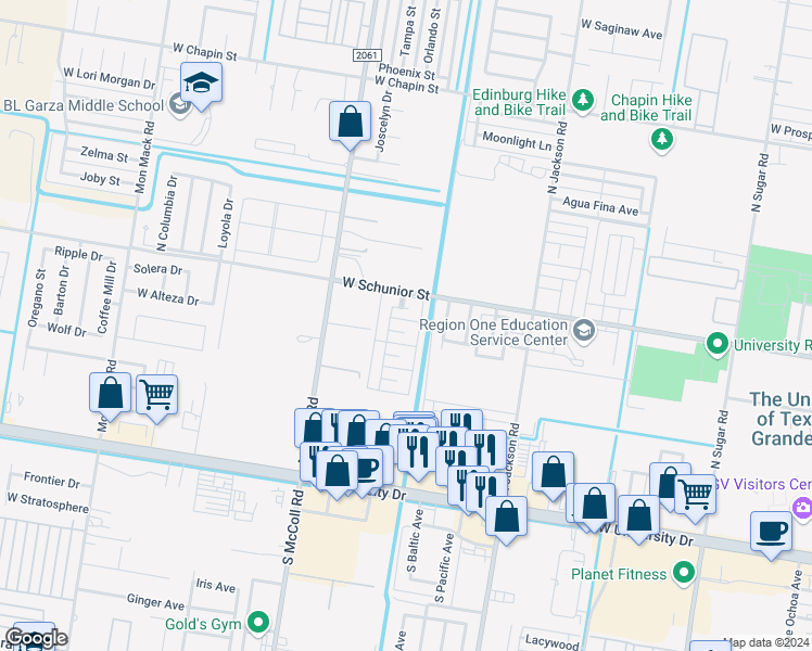 map of restaurants, bars, coffee shops, grocery stores, and more near 2500 Fatima Avenue in Edinburg