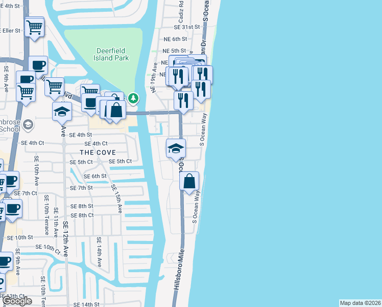 map of restaurants, bars, coffee shops, grocery stores, and more near 330 South Ocean Drive in Deerfield Beach