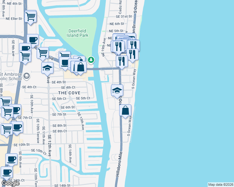 map of restaurants, bars, coffee shops, grocery stores, and more near 330 South Ocean Drive in Deerfield Beach