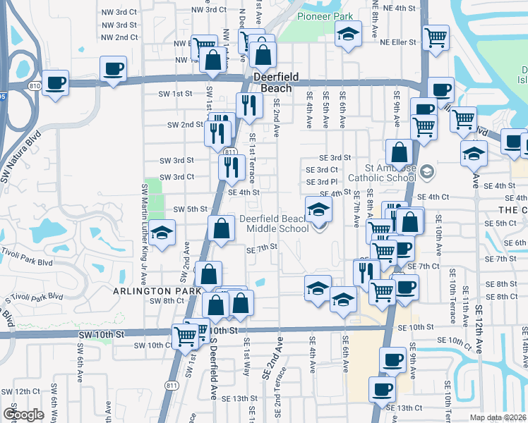 map of restaurants, bars, coffee shops, grocery stores, and more near 411 Southeast 2nd Street in Deerfield Beach