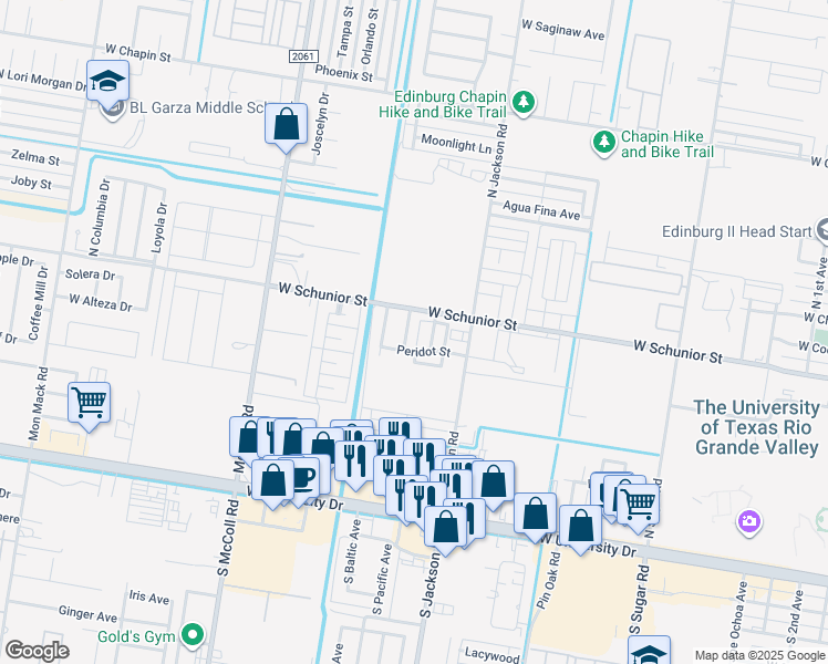 map of restaurants, bars, coffee shops, grocery stores, and more near 703 Agate Street in Edinburg