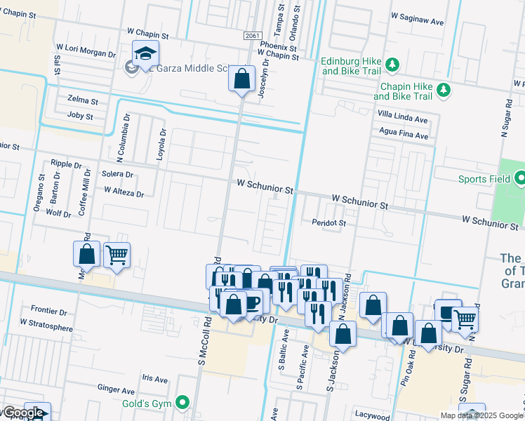 map of restaurants, bars, coffee shops, grocery stores, and more near 2809 Anacua Drive in Edinburg