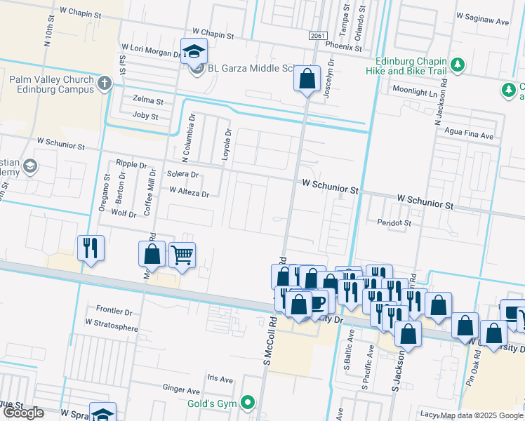 map of restaurants, bars, coffee shops, grocery stores, and more near 515 North McColl Road in Edinburg