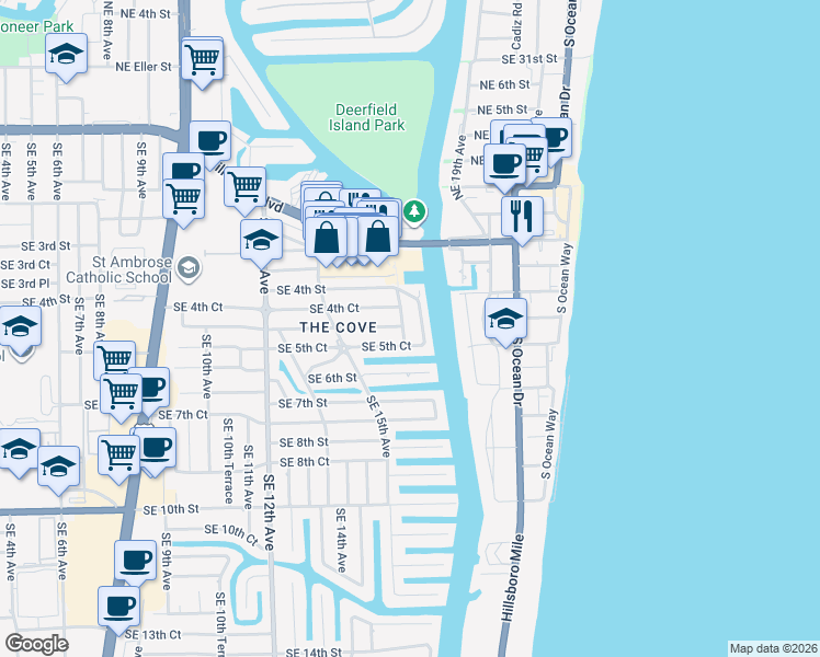 map of restaurants, bars, coffee shops, grocery stores, and more near 510 Southeast 17th Avenue in Deerfield Beach