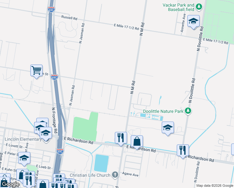 map of restaurants, bars, coffee shops, grocery stores, and more near North Aryana Avenue in Edinburg