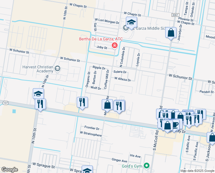 map of restaurants, bars, coffee shops, grocery stores, and more near 520 Coffee Mill Drive in Edinburg