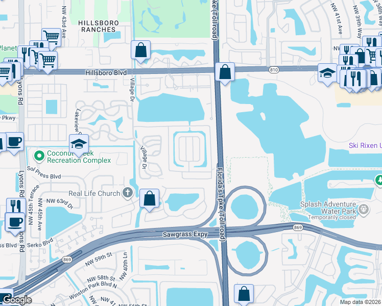 map of restaurants, bars, coffee shops, grocery stores, and more near 6535 Northwest 34th Avenue in Coconut Creek