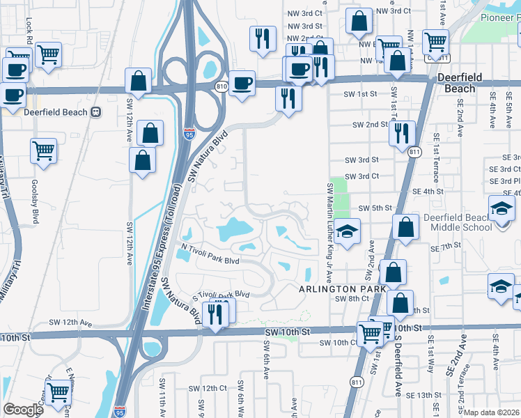 map of restaurants, bars, coffee shops, grocery stores, and more near 412 Southwest Natura Avenue in Deerfield Beach