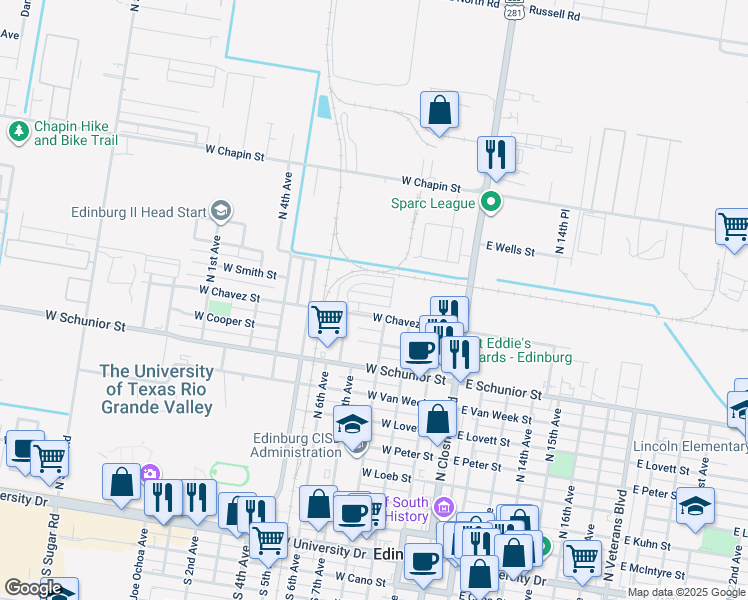 map of restaurants, bars, coffee shops, grocery stores, and more near 407 West Pirul Street in Edinburg