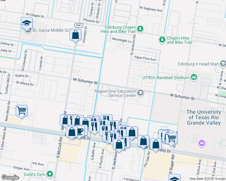 map of restaurants, bars, coffee shops, grocery stores, and more near 703 Agate Street in Edinburg