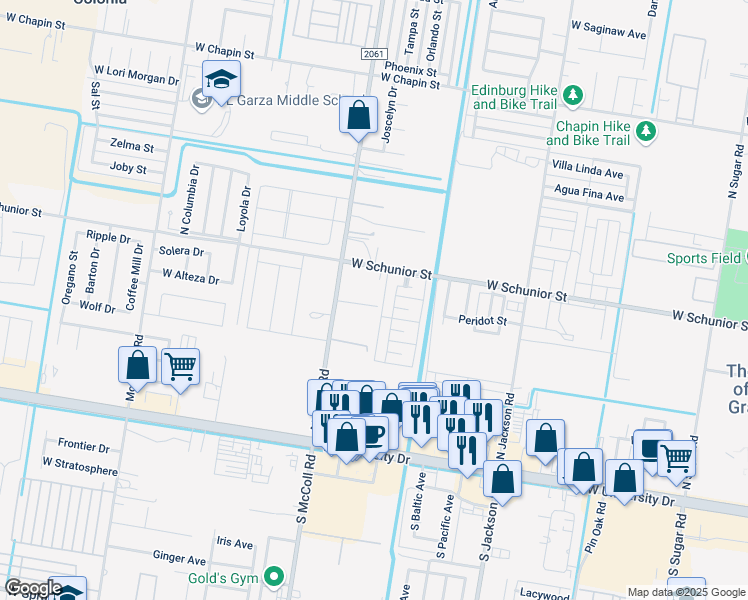 map of restaurants, bars, coffee shops, grocery stores, and more near 2809 Anacua Drive in Edinburg