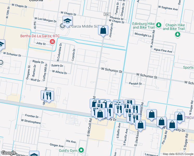 map of restaurants, bars, coffee shops, grocery stores, and more near 515 North McColl Road in Edinburg