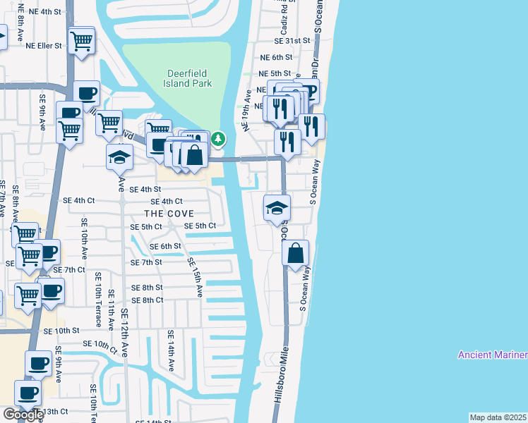 map of restaurants, bars, coffee shops, grocery stores, and more near 332 Southeast 18th Avenue in Deerfield Beach