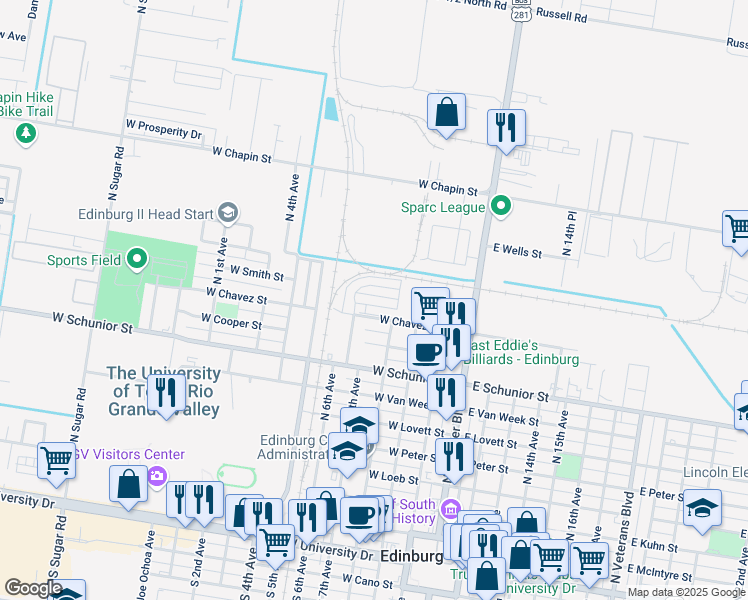 map of restaurants, bars, coffee shops, grocery stores, and more near 407 West Pirul Street in Edinburg