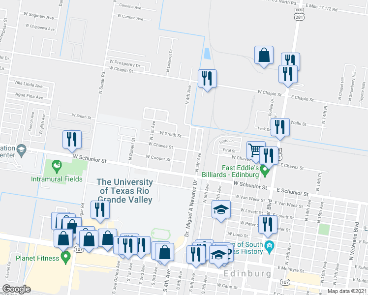 map of restaurants, bars, coffee shops, grocery stores, and more near 1001 North 4th Avenue in Edinburg